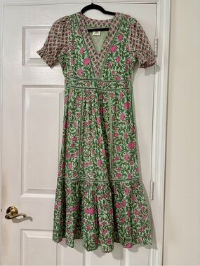 Pink & Green Floral V-Neck Puff Sleeve Midi Dress